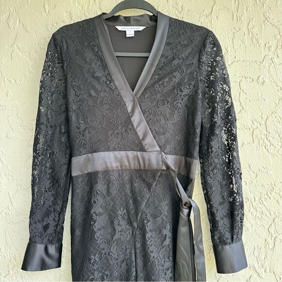 DIANE VON FURSTENBERG DVF Jumpsuit 4 Black Lace Long Sheer Sleeve Wrap Belted - Picture 5 of 10